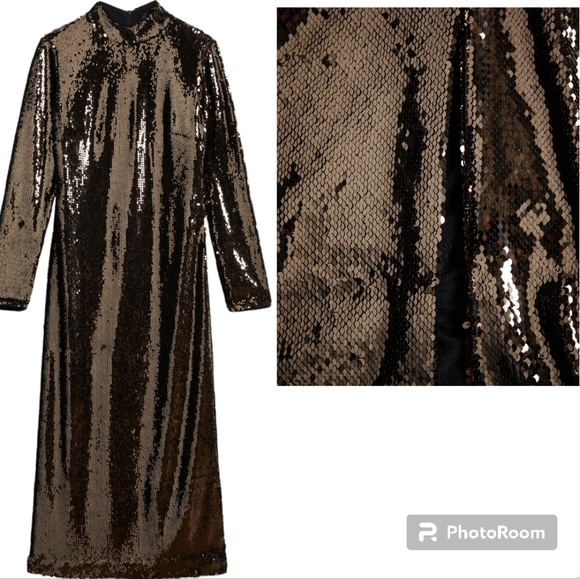 Ted Baker Gold Dress Mettalic Sequin Fitted Midi Dress NWT sz 6 - Picture 6 of 16